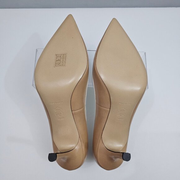 Tory Burch Double T Buckle Pump Womens 10.5 Tan Cream Leather Pointed Toe Heels - Picture 14 of 16